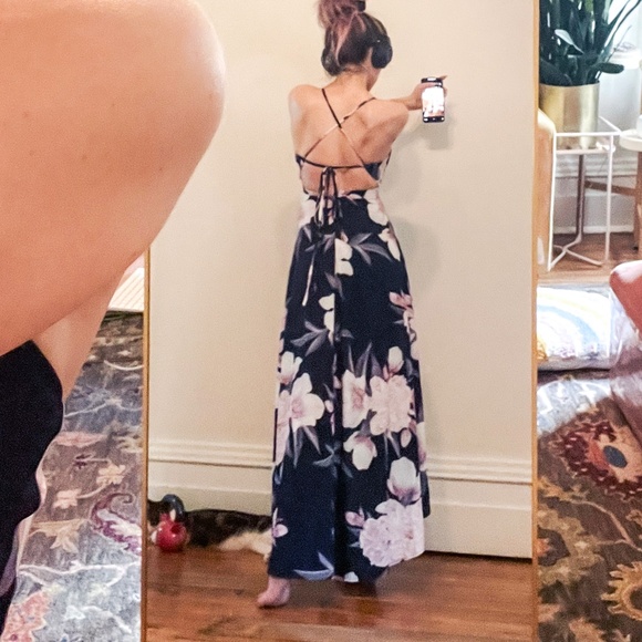 Dreamy, Dark Floral Surplice Maxi w/ Adjustable Crisscross Low Back - Picture 2 of 10